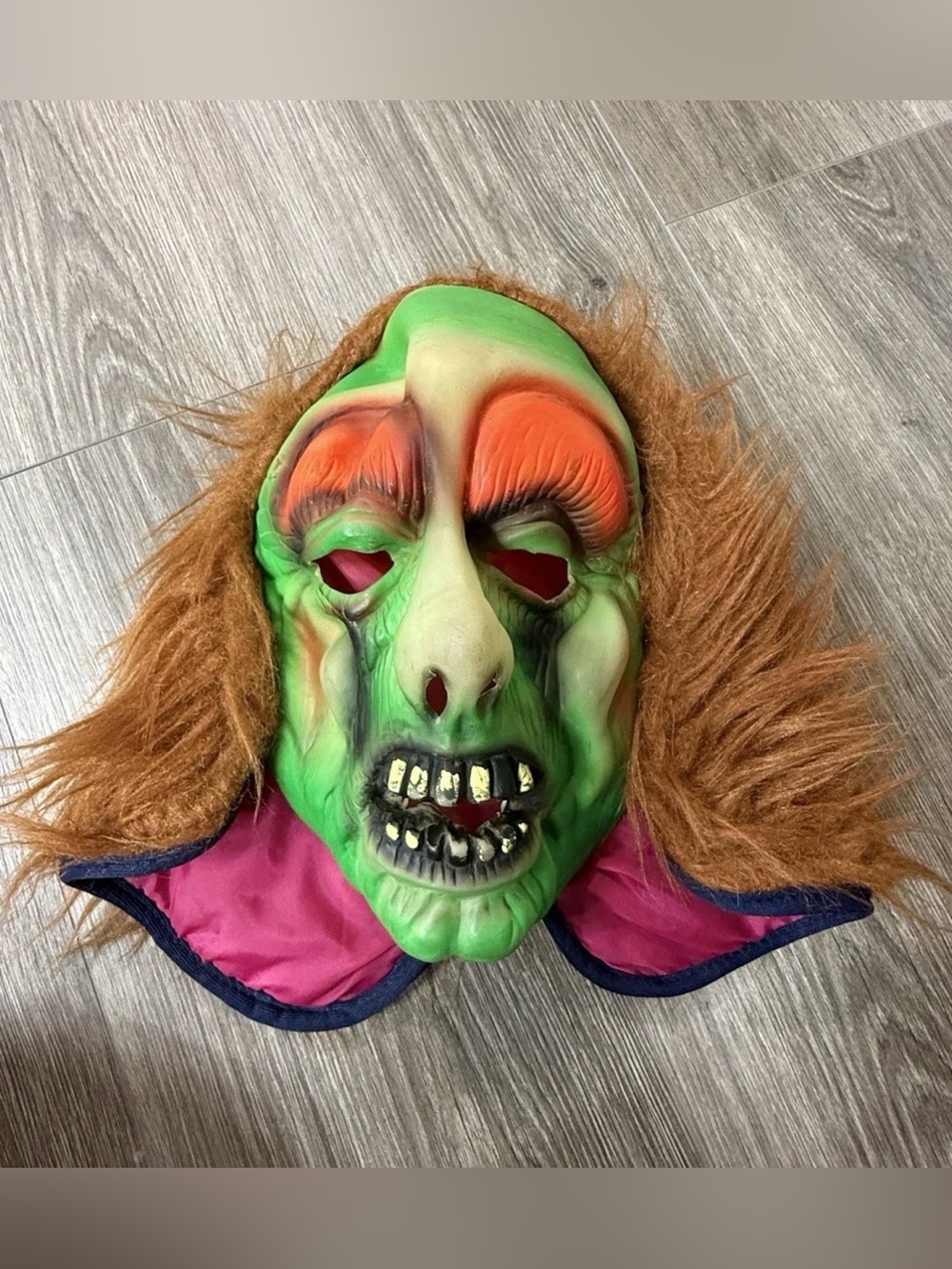 Vintage Halloween Mask Green Face Monster Witch Orange Taiwan Hair Full Face